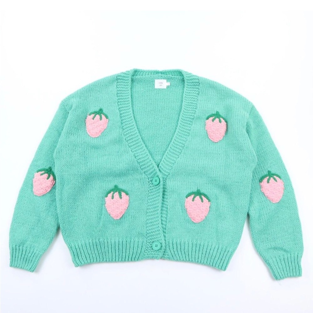Luna Ivy Chunky Green W/ Pink Strawberries Button Up Cardigan NWT Size M
